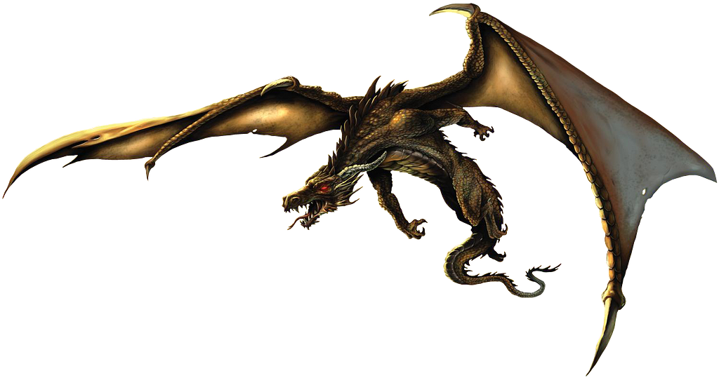 A large, scaly dragon leaps forward, wings unfurled and arms held back. He has red eyes and a forked tongue.