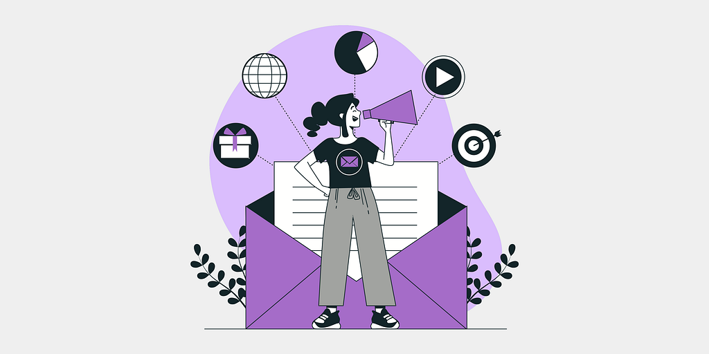 Woman in front with opened mail behind. Mail is surrounded with icons representing rich emails with gifts, charts, media, etc.