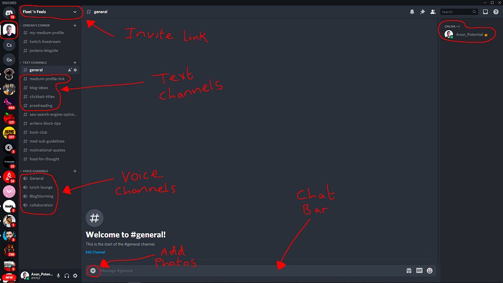 Discord’s user interface highlighting text channels, voice channels, access to the invite link, server name and chat bar.