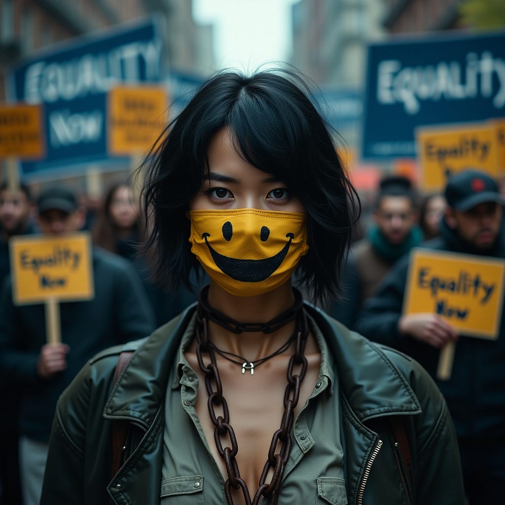 A young woman wearing a mask, participating in a protest
