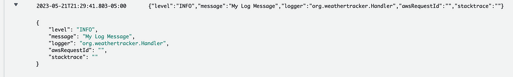 Screenshot of an AWS Cloudwatch log entry.