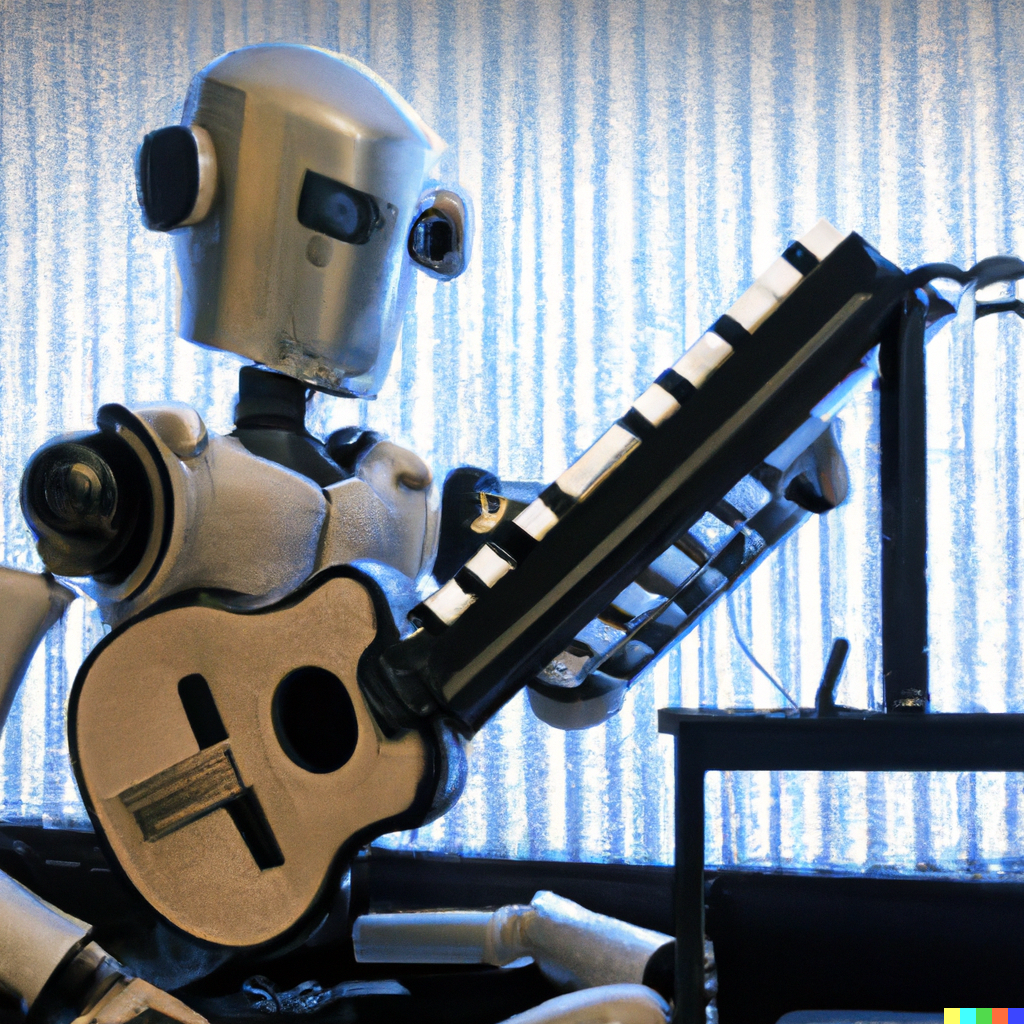 A futuristic image showing a robot playing a guitar