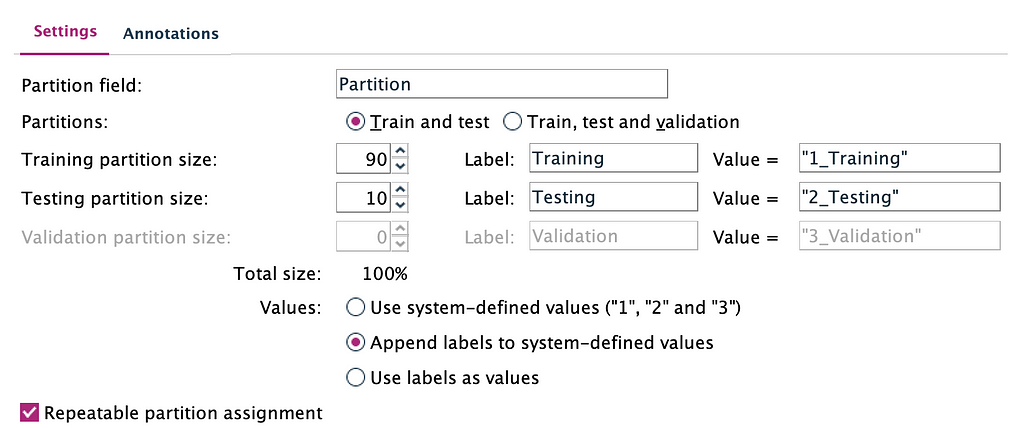 the settings tab on the partition node which shows the partition field as “partition”, the partitions field with “train and test” selected, the training partition size field as “90” with label “training” and value “1_training”. The testing partition size field as “10” with label “testing” and value “2_testing”. The validation partition size field is greyed out. The total size is shown as 100%