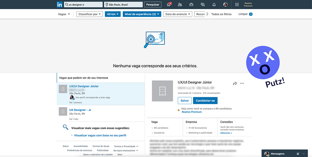 Print da tela de uma busca no Linkedin por "ux designer júnior" em São Paulo mostrando que nenhum resultado foi encontrado