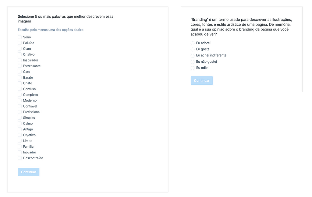 Questionário com lista de palavras associadas a interface e opinião do usuário.