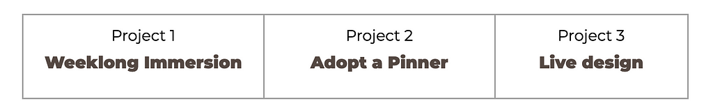 List of project: Project 1: Weeklong Immersion, Project 2: Adopt a Pinner, Project 3: Live design