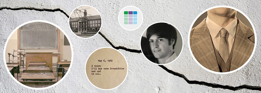 Background of a crack in concrete along with images of David Rose, the UDL Guidelines icon, and other vintage school-related items.