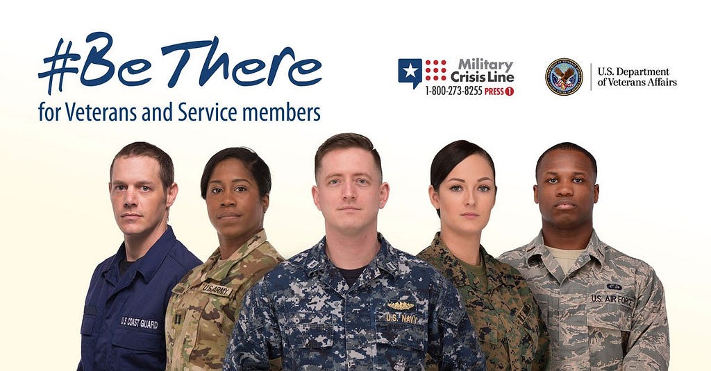 #Be There For Veterans and Service Members. A member of each branch of the United States military is pictured in uniform.