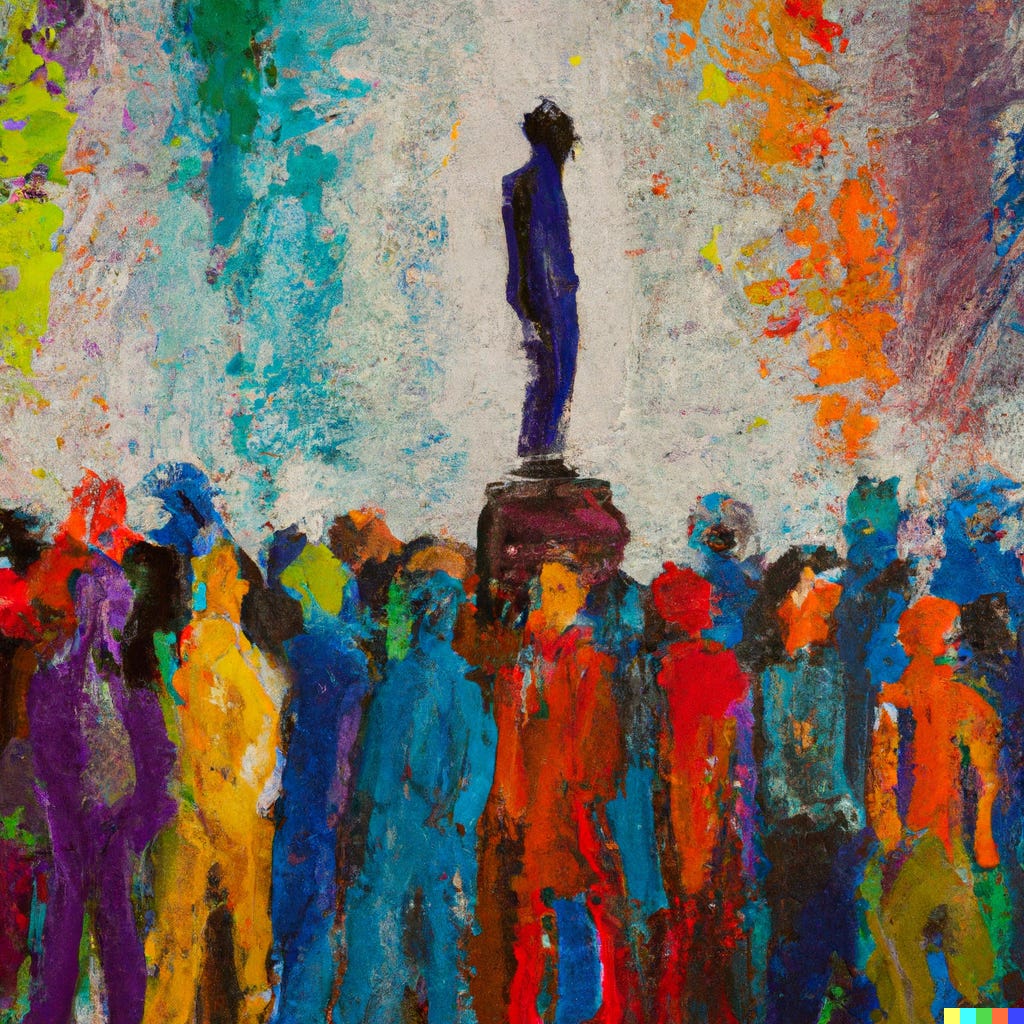 DALL-E image of an expressive oil painting of a person standing on a pedestal atop a crowd of other rainbow-colored people