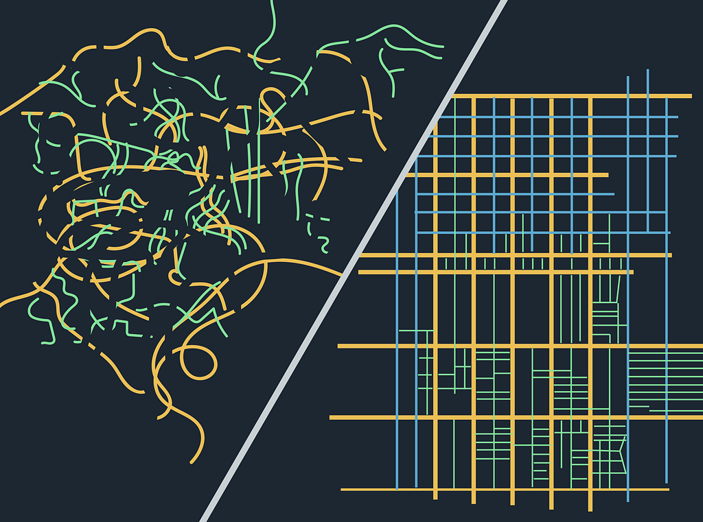 A jumbled mess of shapes on the left and an orderly grid on the right, meant to symbolize the streets of Tokyo and the streets of Salt Lake City. Each has their strengths and virtues.