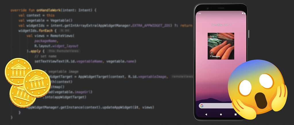 A descriptive article image showing a blurred IDE, coins, a smartphone with an installed Home screen widget and a screaming emoji
