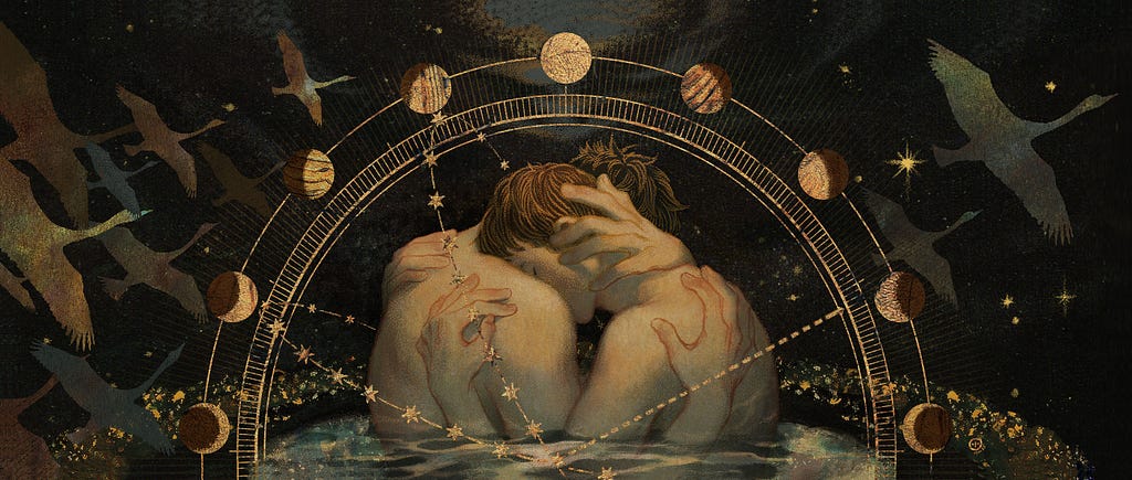 A painting by Saline Field called “Sleeping Swans”, in which two humans submerged in water and hug each other just like two swans, with faces not visible.