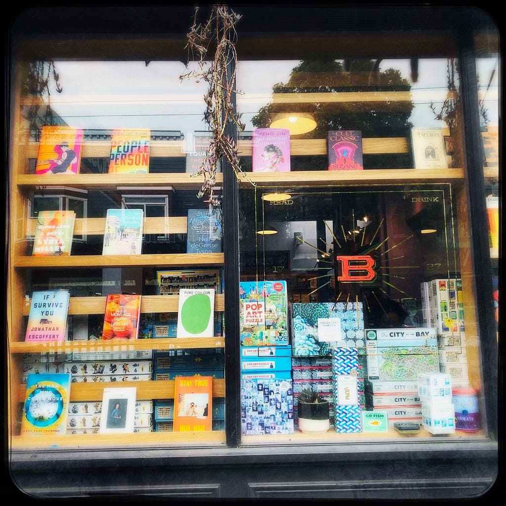 One of the windows of the Booksmith in San Francisco’s Haight-Ashbury neighborhood is filled with books and other novelty items for the literary-minded.
