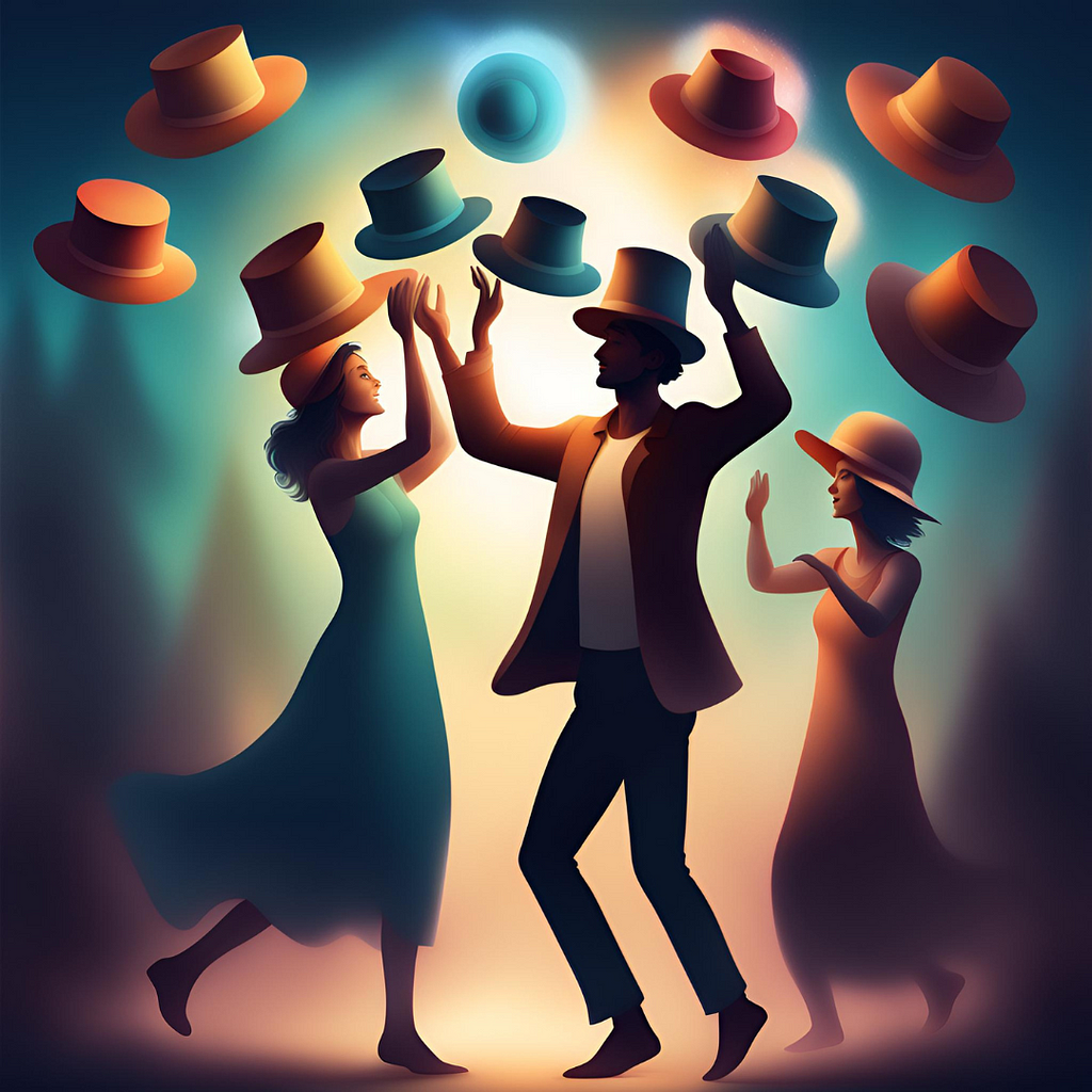 Three individuals dancing and tossing various hats to represent the ways in which Sales Engineers and Pre-Sales Consultants wear many hats.