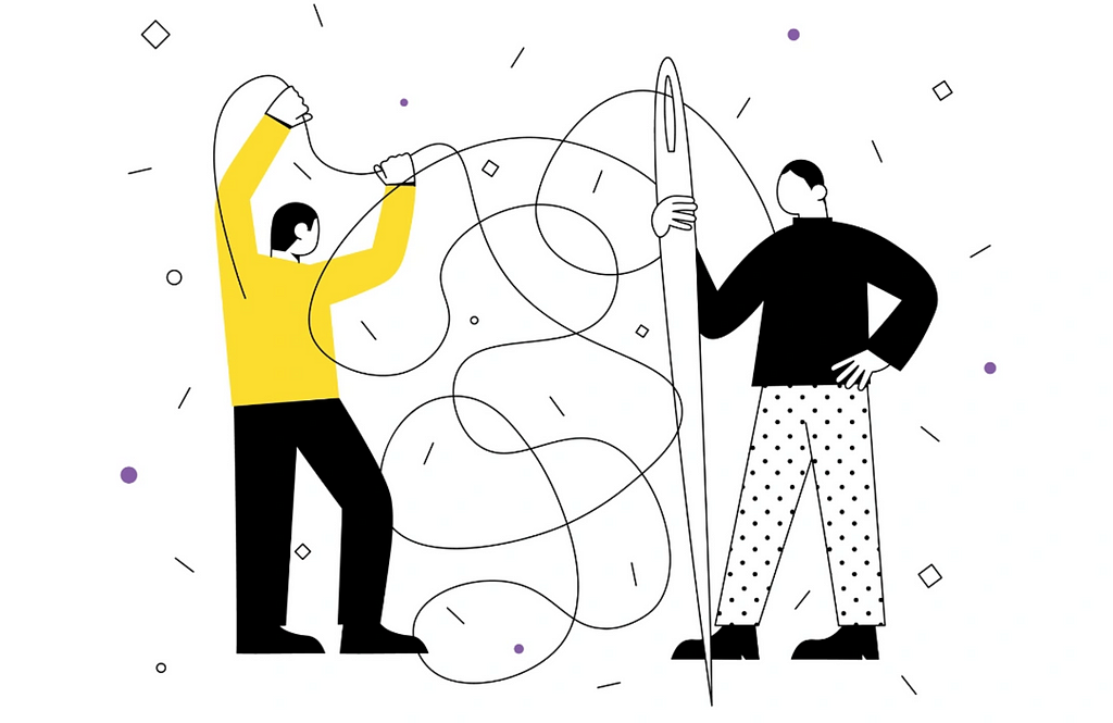 The image depicts two individuals against a white backdrop with scattered shapes. On the left, a person in a yellow shirt is manipulating a complex, swirling string. On the right, another stands confidently, holding a needle, wearing a black top and dotted pants. Both are in monochrome style.