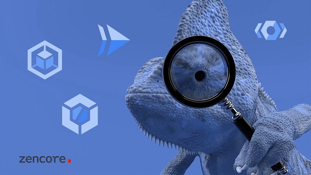 A chameleon looking through a magnifying glass surrounded by Google Cloud batch processing icons.