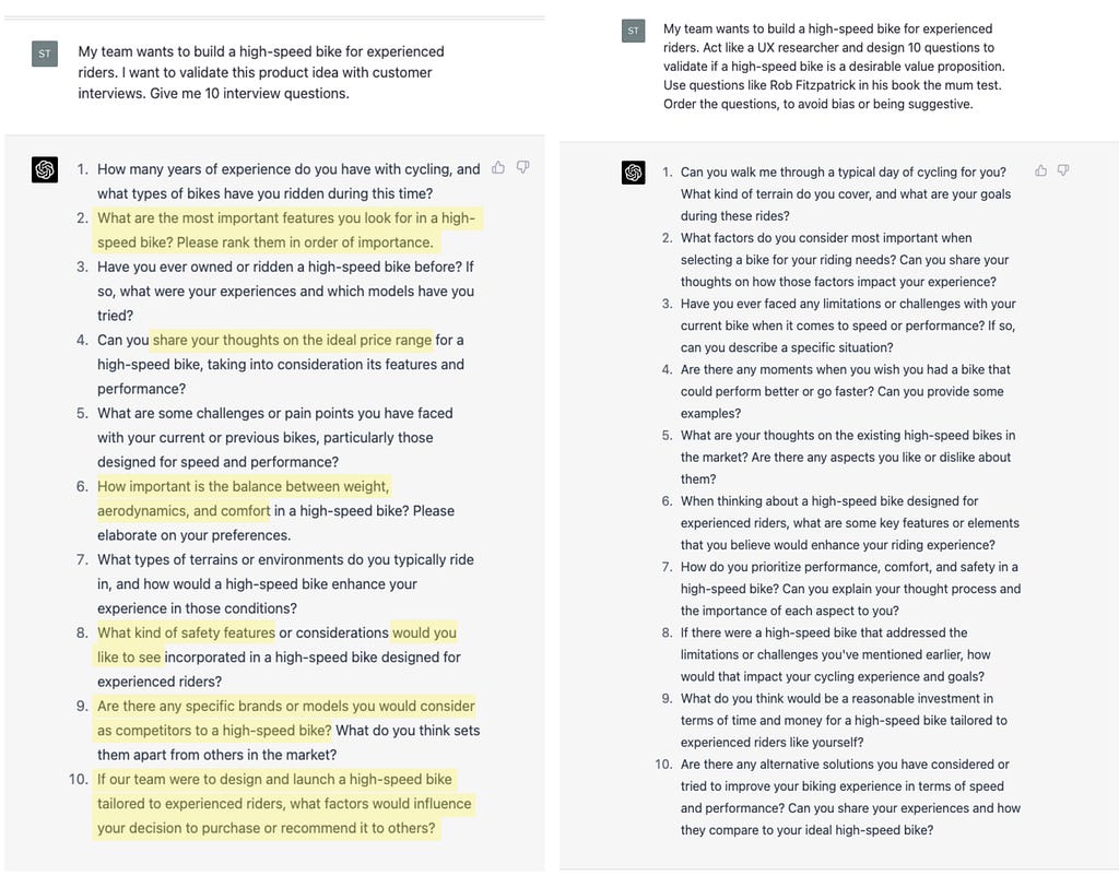 Screenshot of ChatGPT generating an interview guide without expert knowledge (left side) and with expert knowledge (right sight)