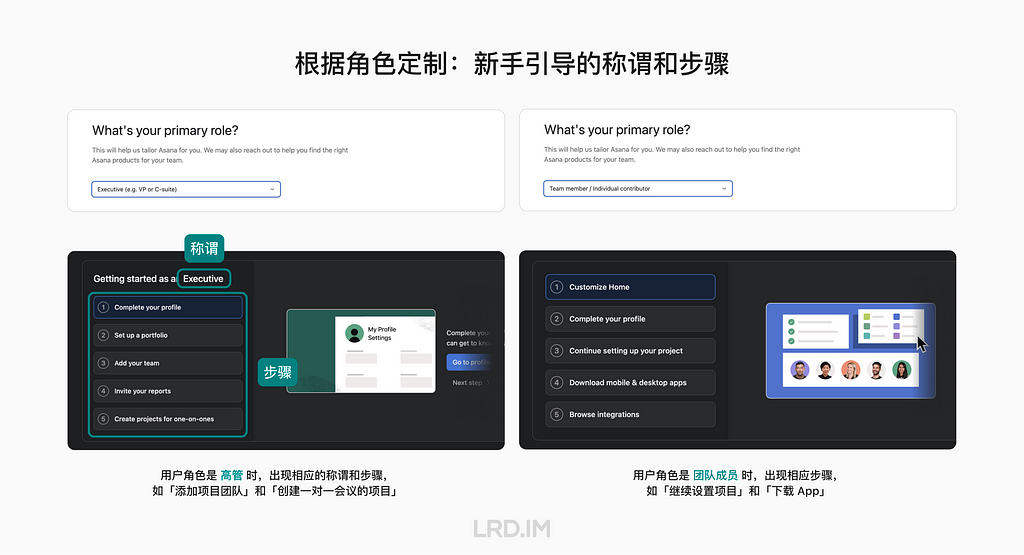 Asana 根据角色定制新手引导的称谓和步骤的案例。左侧的截图是当用户角色选择了高管时，出现相应的称谓和步骤，如添加项目团队和创建一对一会议的项目等；右侧的截图是当用户角色是团队成员时，出现相应步骤，如继续设置项目和下载 App 等。