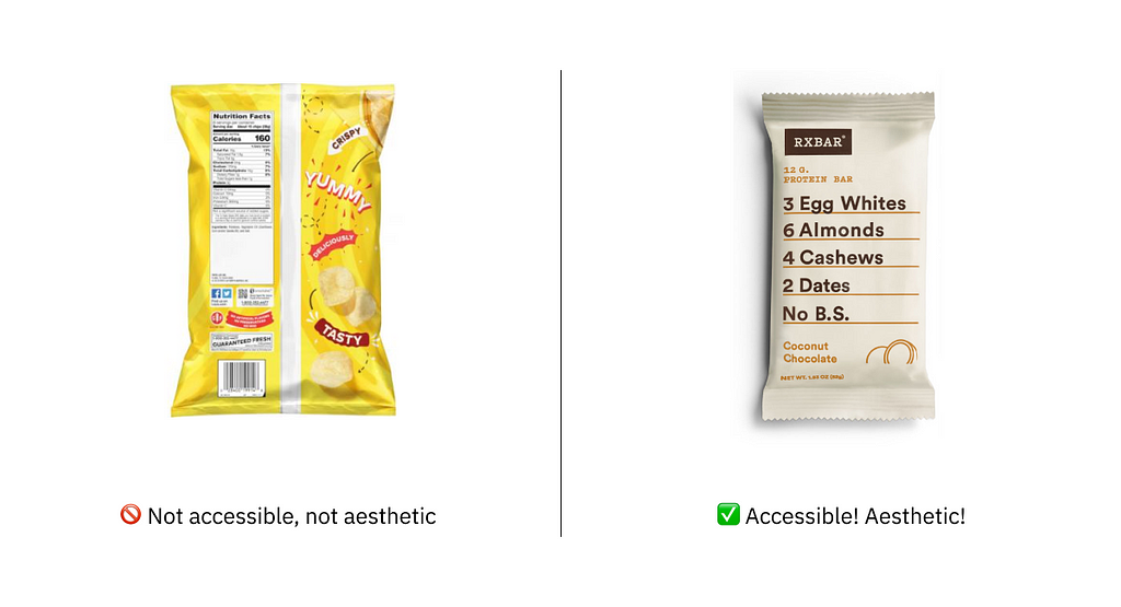 Comparison of a Lays chips bag (not accessible, not aesthetic) with bold RX bar packaging (accessible! aesthetic!)