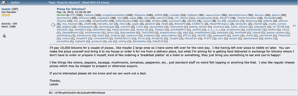The original “Pizza for bitcoins?” post in the Bitcointalk forum