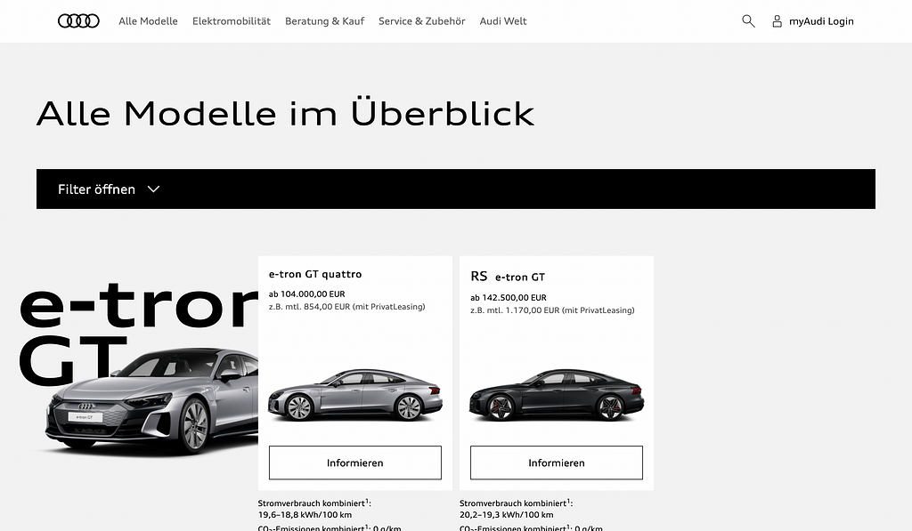 Screenshot von Audi.de — man sieht zwei Baseball-Card-artige Modelvoransichten