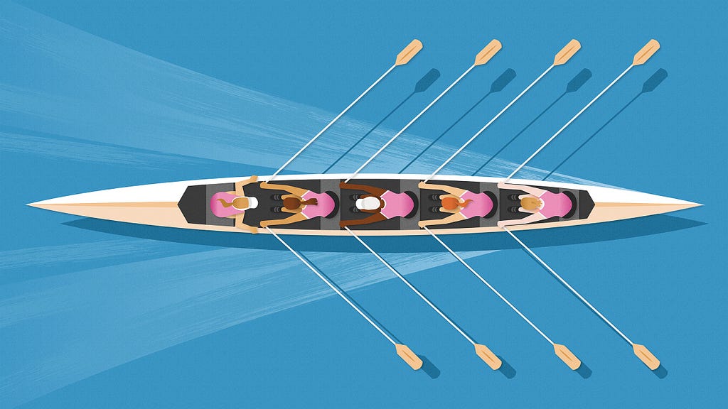A bird’s eye view of a coxswain steering a rowing team as they zip through the water in their boat.