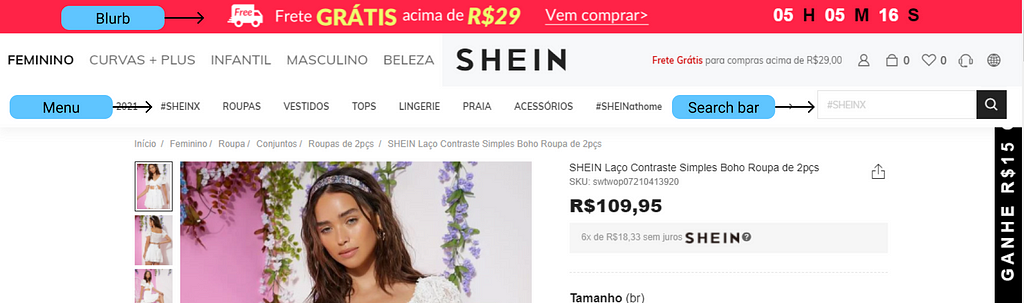 print do site Shein Brasil com tags apontando a barra de busca, o blurb de frete grátis e o menu.