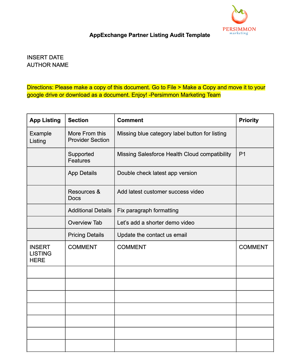 AppExchange Partner Listing Audit Template by Persimmon Marketing