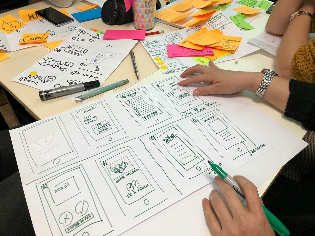 A team of UX designers working on designs, with pens and paper on a table