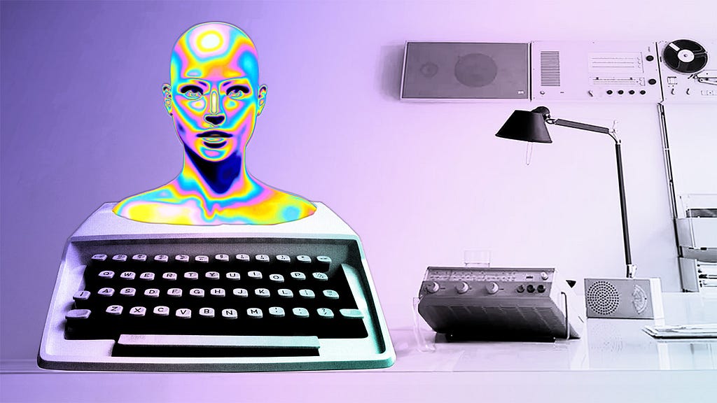 An AI Simulacra Author emerges from the bones of a classical typewriter.