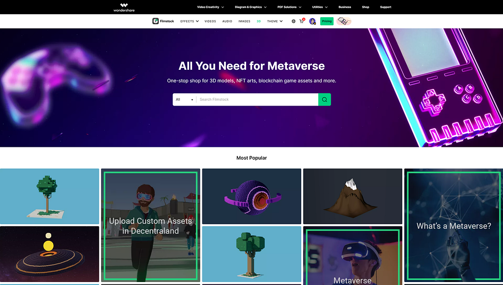 Filmstock Meta homepage featuring 3D assets for users to build their metaverse.