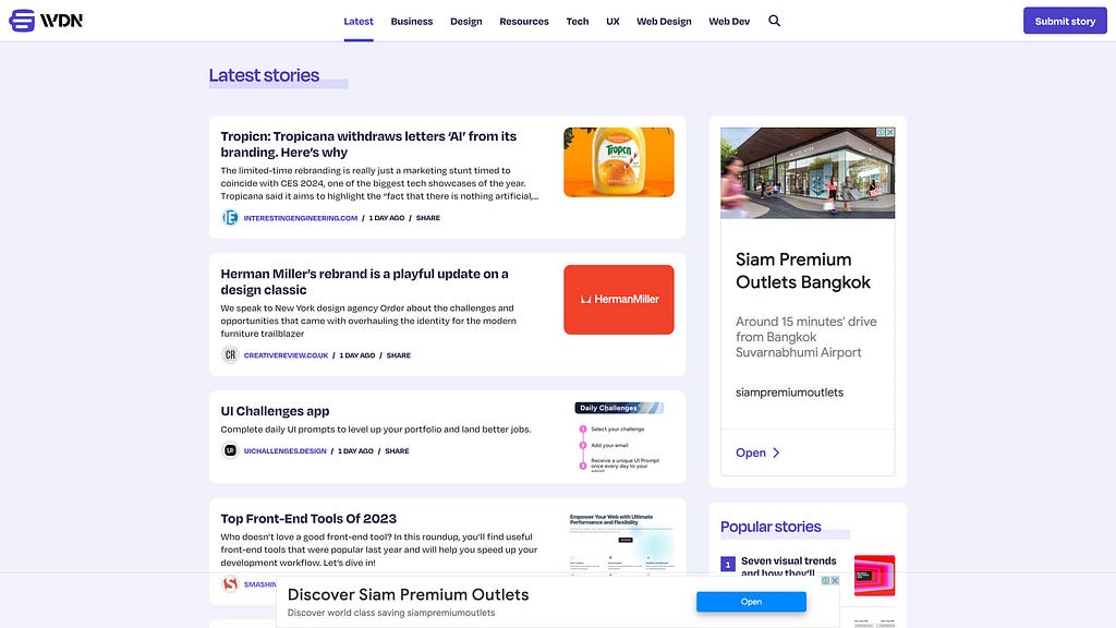 Homepage of Web Designer News