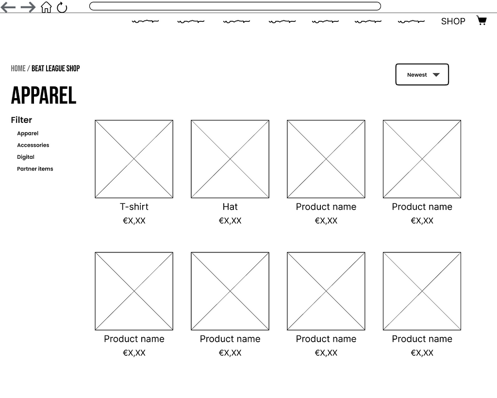 A mid-fi concept of the new BEAT LEAGUE webshop