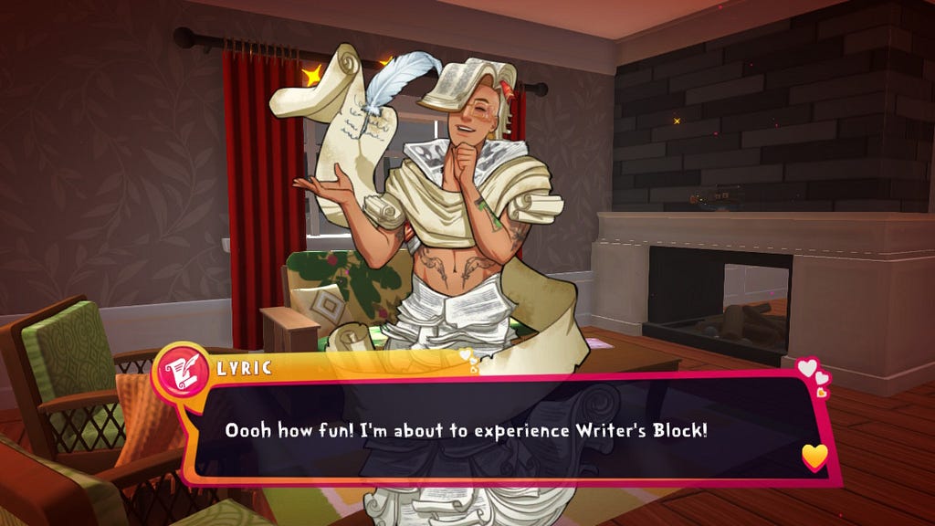 A man with glasses, dressed in a toga that resembles sheathes of paper. Even is hair is sytled from the pages of an open book. A quill writing a story on parchment hovers near his head. He says: “ooh, how fun! I’m about to experience writer’s block!”