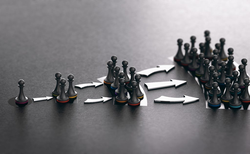 A photo showing 1 game piece turning into 3 then 10 then 20 representing exponential growth we can have through seeking influential allies and “promoters”