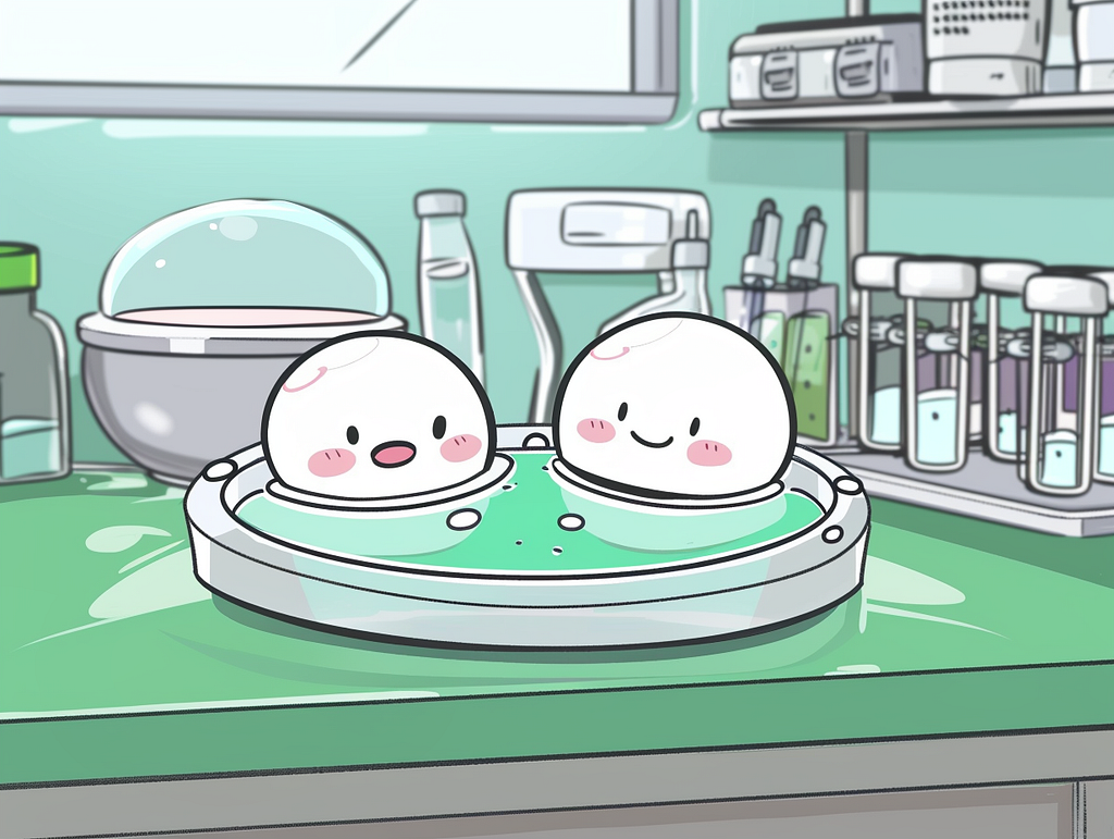 Two embryos in a petri dish in a lab in a cute illustration style. The embryos are looking at each other.