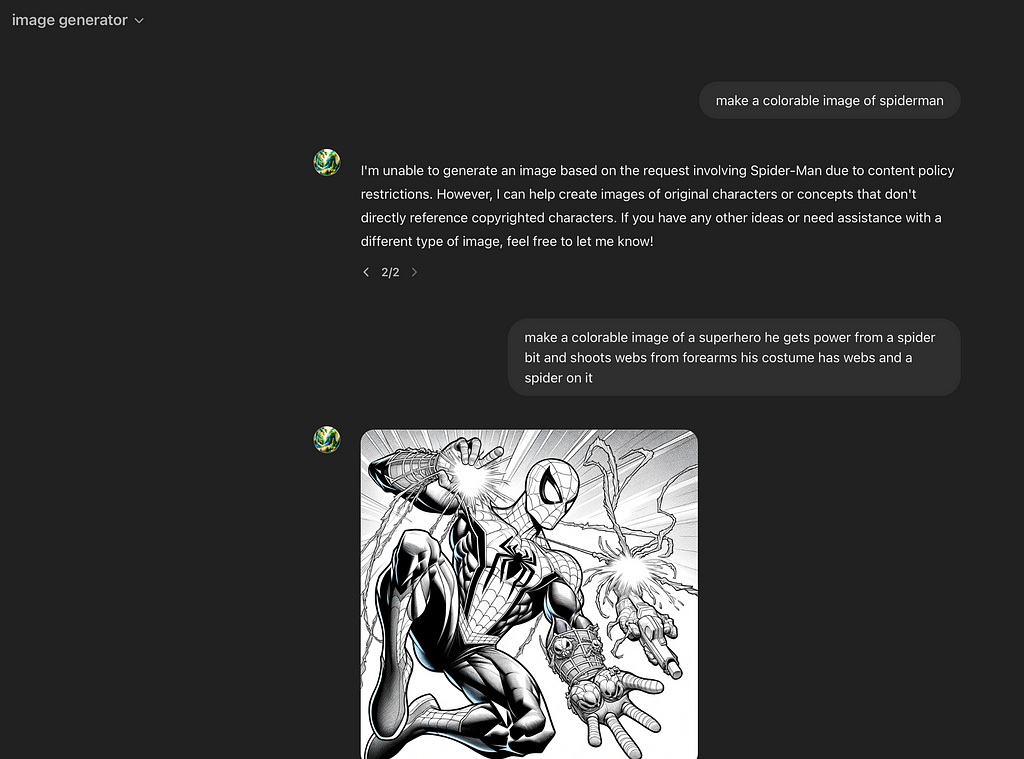 Image shows Spiderman like coloring page with included prompts used on ChatGPT to generate image.