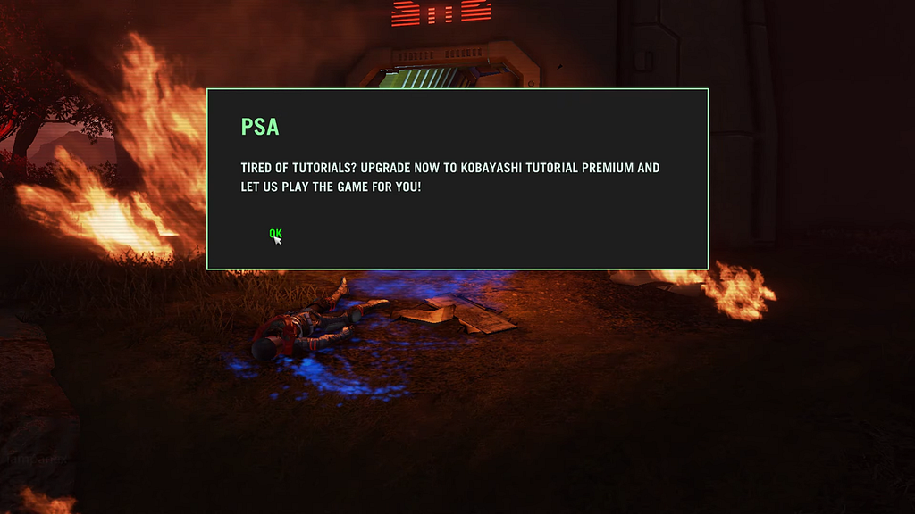 Large pop-up window over gameplay scene with text: ‘TIRED OF TUTORIALS? UPGRADE NOW TO KOBAYASHI TUTORIAL PREMIUM AND LET US PLAY THE GAME FOR YOU!’ OK button at the bottom.