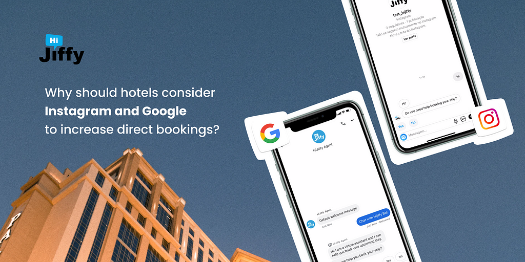 A hotel with two phones showing Google and Instagram booking conversations