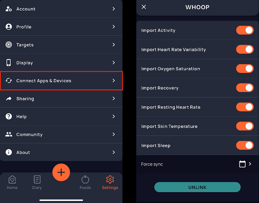 Cronometer WHOOP integration settings