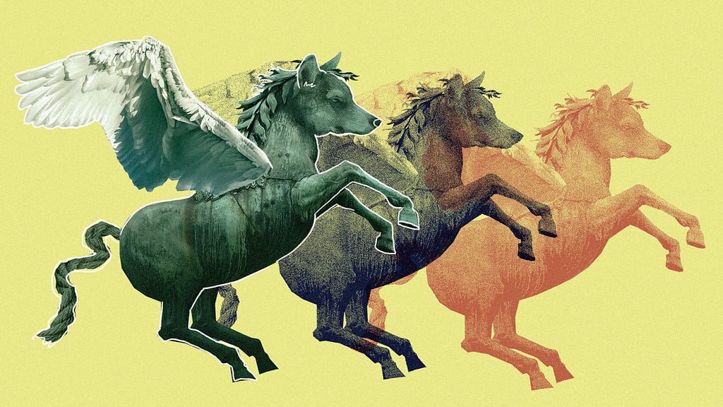 Illustration: three identical winged horses with wolves’ heads rear up on their hind legs, wings outstretched. Their manes have laurel wreaths overlaid on them, and each horse is a different colour: the one in the foreground is a greenish colour, like a classical European statue, the second one behind it is greyscale, and the third is a faded sepia. They are all isolated on a flat yellow background.