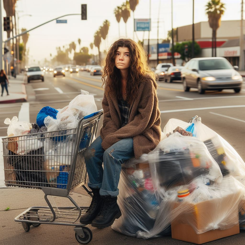 Homeless woman on a street corner with shopping cart sitting on a large garbage bag.