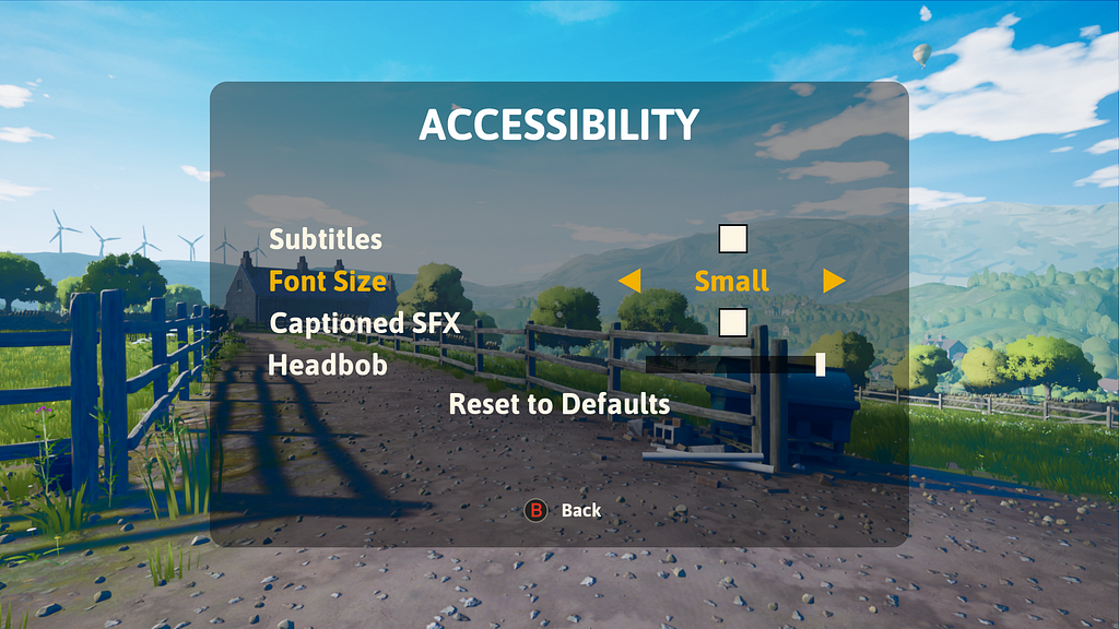 Option menu of the game