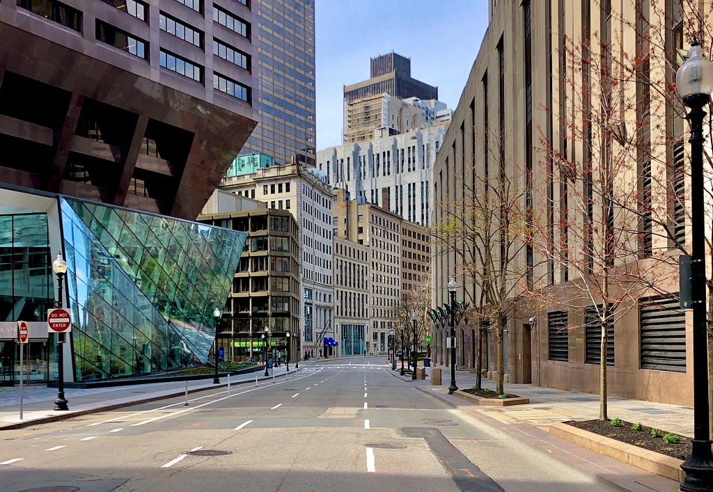 An empty Downtown Boston in April, 2020 presents plenty of challenges and ample new opportunities