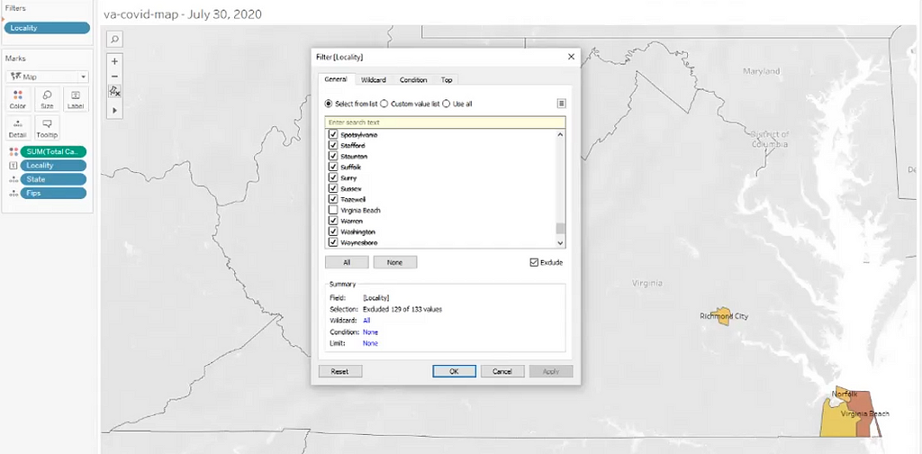 Dialog listing localities. Selected counties will be excluded, determined by a check-mark in the control’s “Exclude” box.