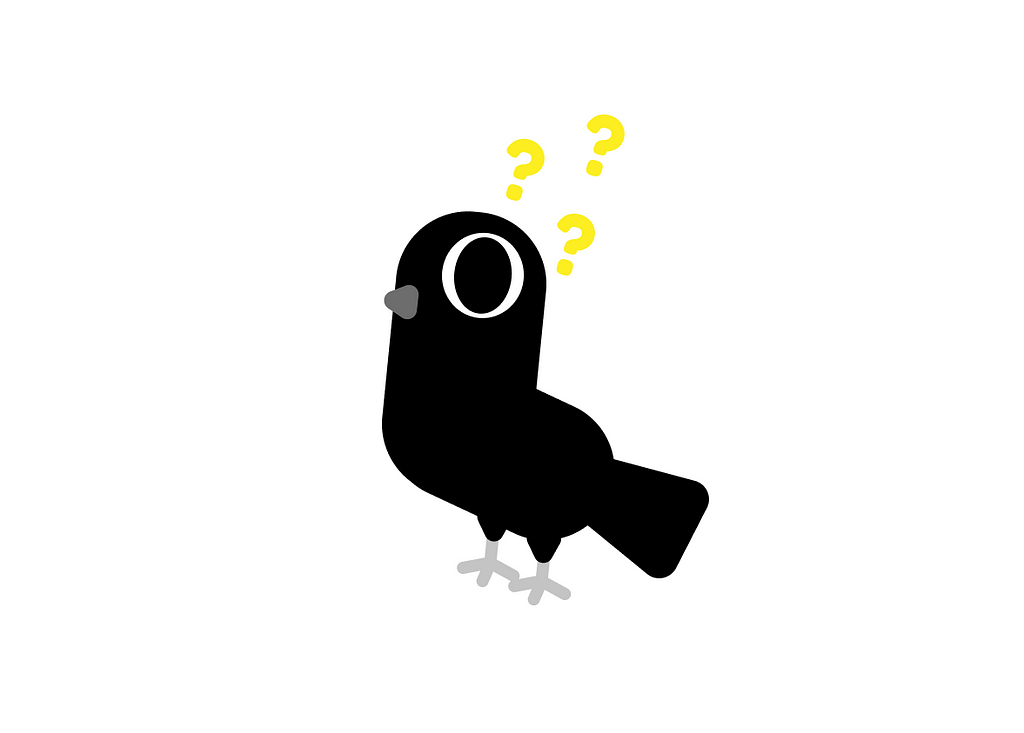 Ilustração de um corvo preto com 3 interrogações amarelas flutuando sobre sua cabeça.