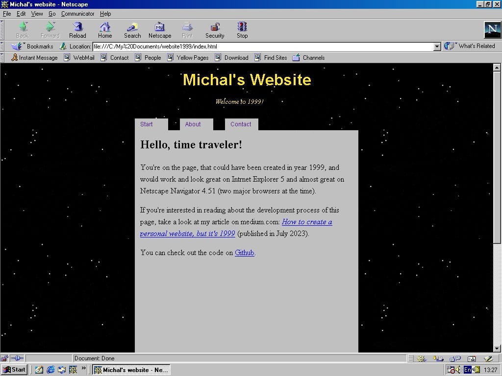 Screenshot of 1999 webpage with start tab open on Netscape Navigator v4.51