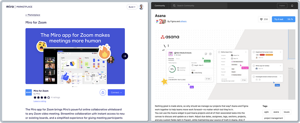 A composition of two screenshots from Miro’s marketplace and Figma’s Community showing examples of catchy visuals for their apps or widgets. The first one shows a graphic of a Zoom app for Miro that is labeled “The Miro app for Zoom makes meetings more human” followed by a screenshot of the app in action, including big emojis of flames or a surprised face. The second screenshot shows Asana’s graphics, showing a screenshot from FigJam’s board with mouse cursors hovering on top of it.