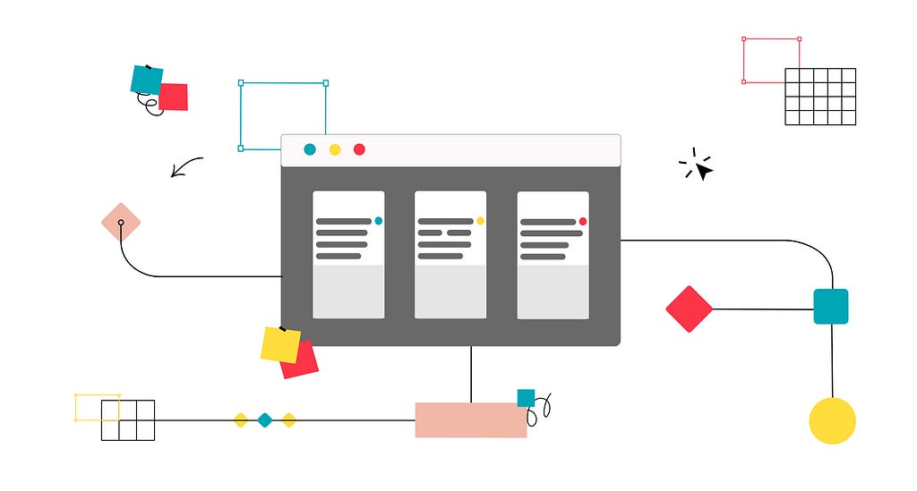 Illustration of a stylized application window and flowchart elements. By Joris Deggerich