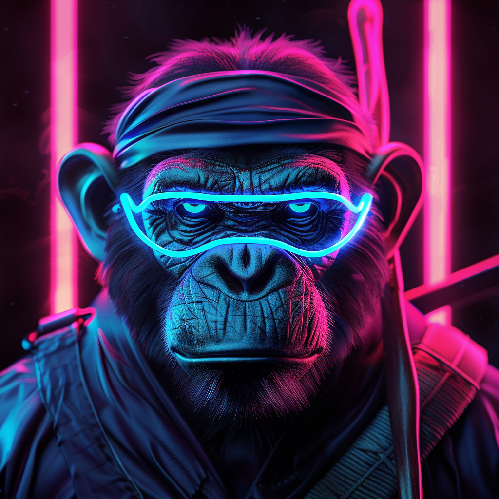 Neon art of a nthropomorphic monkey wearing Ninja outfit